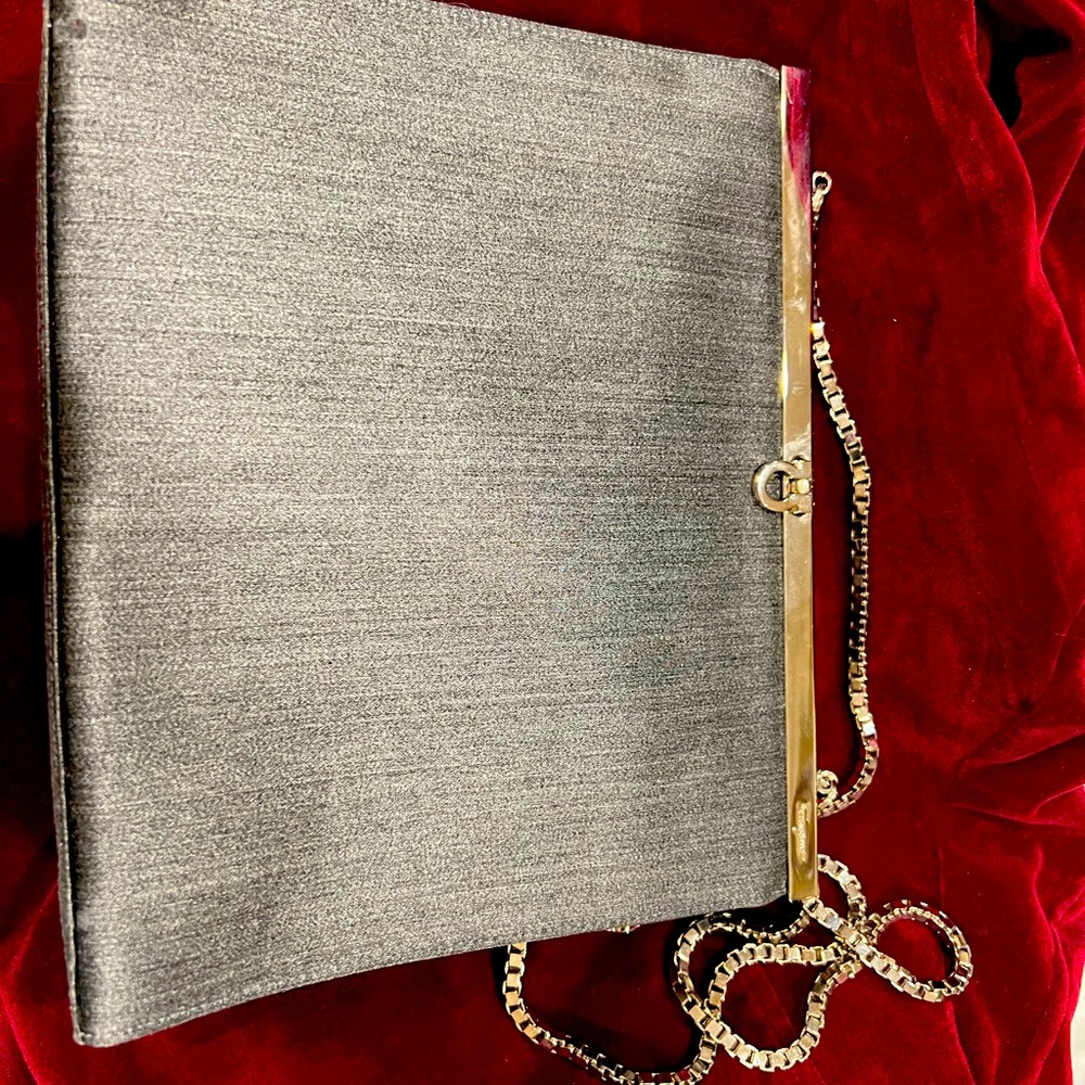 Ferragamo grey fabric purse with silver chain